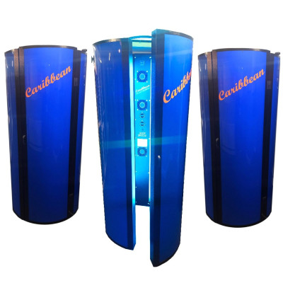 Caribbean Standup Tanning Units shown closed and open. Available to buy for home tanning from Bronze Age, Letterkenny, County Donegal, Ireland - new stand up tanning unit for safety and maximum effect